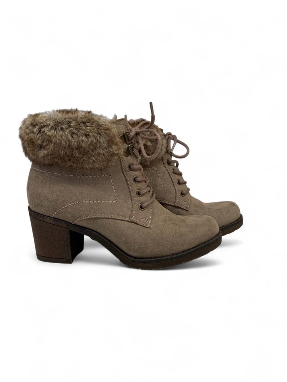 Faux Fur Collar Lace-Up Block Heel Ankle Boots - Taupe